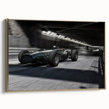Black and white framed canvas of vintage race cars in motion, ideal for bedroom wall art.