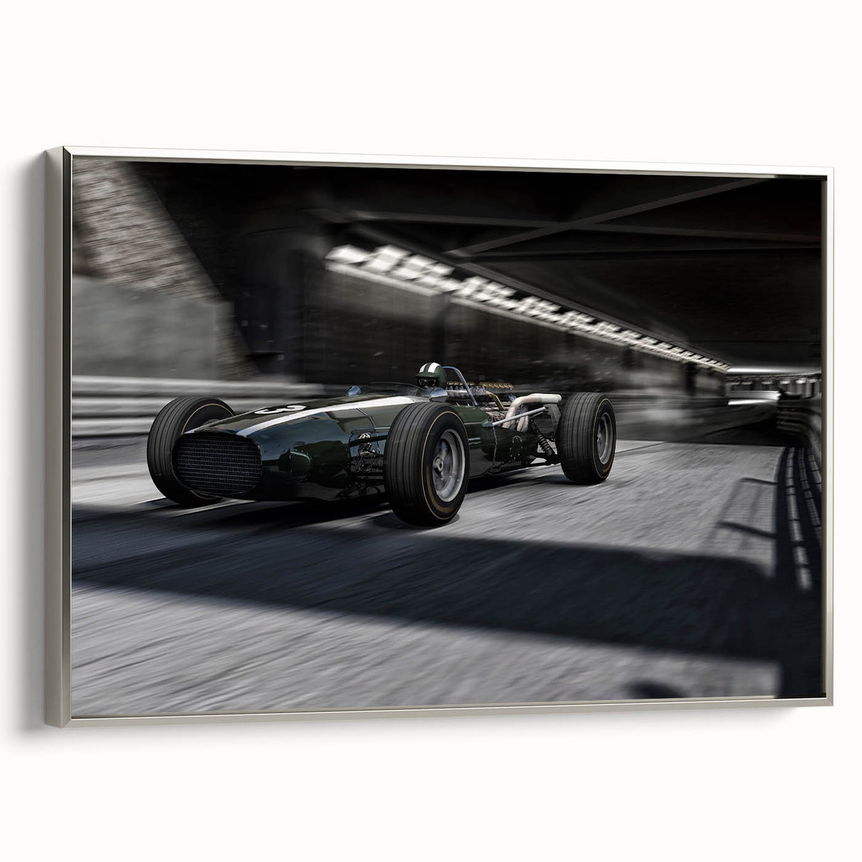 Framed canvas featuring a vintage race car in vibrant colors on a black background.