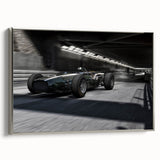 Framed canvas featuring a vintage race car in vibrant colors on a black background.