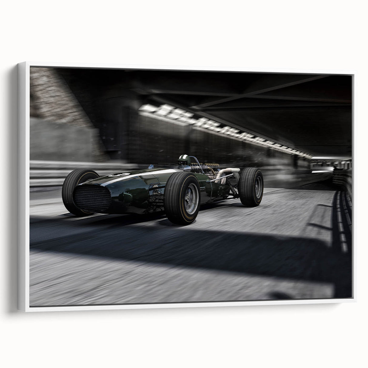 Vintage poster art of colorful race cars, framed canvas in extra large size, ideal for living room decor.