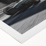 Art deco poster featuring race cars in bold red and blue colors on rolled canvas, suitable for dining room decor.