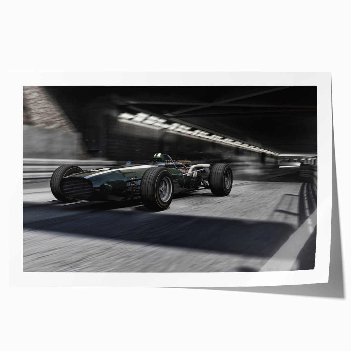 Extra large rolled print featuring a dynamic race car scene in vivid colors, ideal for art wall dining room decor.