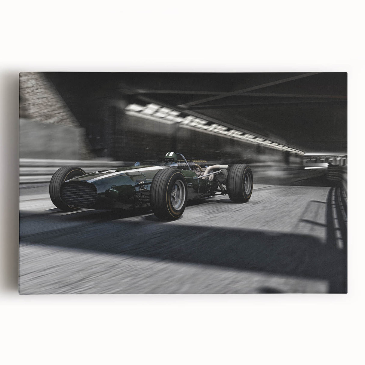 Black and white print of race cars in motion on stretched canvas, suitable for kitchen wall art.