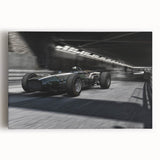 Black and white print of race cars in motion on stretched canvas, suitable for kitchen wall art.