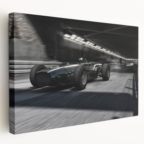 Side view of race cars in motion, depicted in vibrant red and blue hues on a stretched canvas, ideal for kitchen wall art.