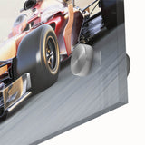 Mid-century modernist race car artwork in vibrant primary colors on acrylic glass, ideal for dining room art.