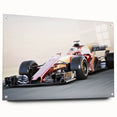 Acrylic print of race cars in motion, using vibrant red and blue tones, suitable for dining room or bedroom decor.