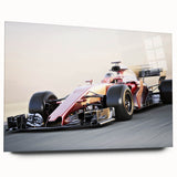 Acrylic print of race cars in motion, in vibrant red and blue tones, suited for bedroom or dining room art.