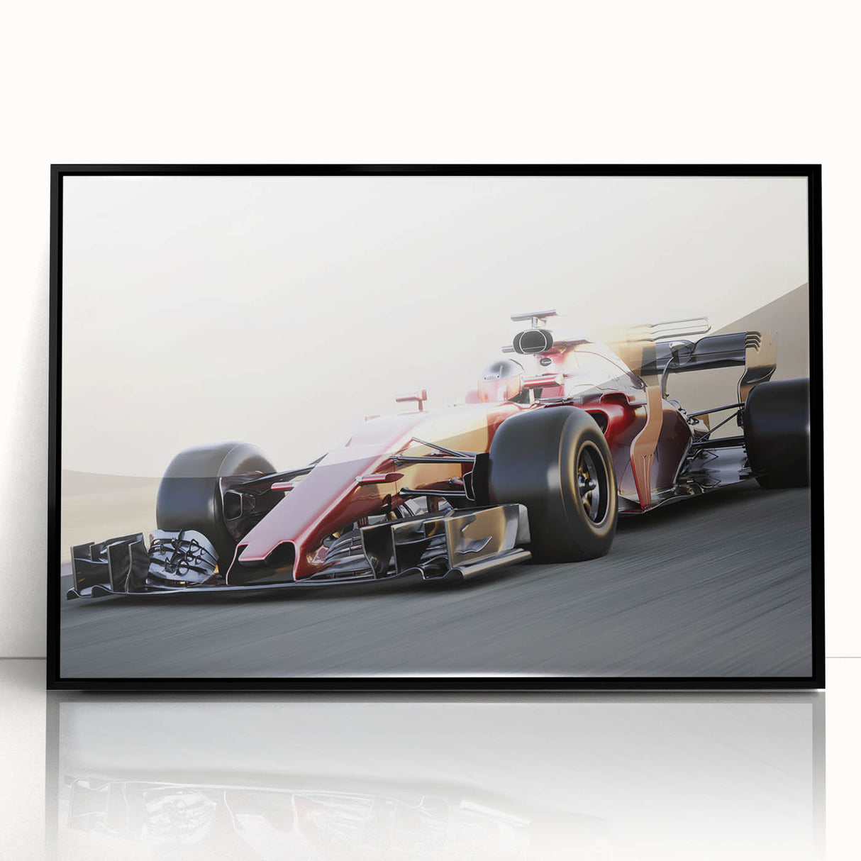 Large abstract wall art featuring race cars in motion, rendered in mid-century modernist style with vibrant colors.