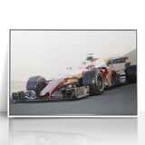 Art deco poster featuring race cars in motion, vivid red and black tones on white acrylic, ideal for modern art wall decor.