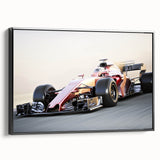 Black and white framed canvas featuring a vintage poster art style race car, ideal for bedroom wall decor.