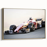 Framed canvas featuring a side view of vintage race cars in black and gold, ideal for bedroom wall art.