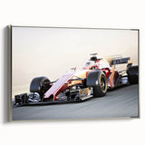 Framed canvas featuring a vintage race car in black and vibrant colors, ideal for adding a dynamic touch to an office.