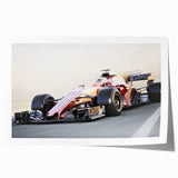 Rolled print of race cars in action, featuring vivid colors and dynamic movement, suitable for art wall dining room.