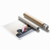 Extra large wall art featuring a dynamic race car scene in vivid colors on rolled canvas, suitable for a modern living room.