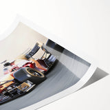 Extra large rolled print featuring a dynamic race car scene in bold primary colors, suitable for large living room wall art.