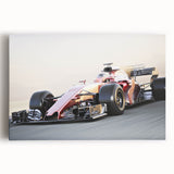Black and white wall art featuring a dynamic race car scene on stretched canvas, suitable for kitchen or bedroom decor.