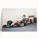 Black and white print of race cars in motion on stretched canvas, ideal for kitchen wall art.