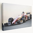 Side view of race cars in motion, depicted in vibrant red and blue on a stretched canvas, suitable for kitchen wall art.