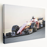 Side view of race cars in motion, depicted in vibrant red and blue on a stretched canvas, suitable for kitchen wall art.