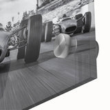 Mid-century modernist race cars in vibrant red and blue on a large acrylic print, ideal for dining room art.