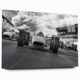 Acrylic print of race cars in motion, using bold red and blue tones, suitable for bedroom or dining room art.