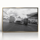 Mid-century modernist race cars in vibrant colors on a framed acrylic print, suitable for modern art wall decor.