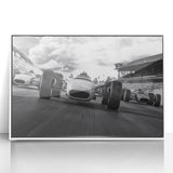 Art deco poster featuring race cars in motion, vibrant colors on white acrylic, ideal for modern art wall decor in a nursery.