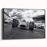 Black and white wall art featuring a side view of vintage race cars on a framed canvas, suitable for bedroom decor.