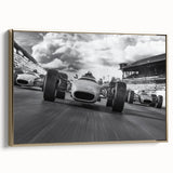 Framed canvas featuring a side view of vintage race cars in black and gold, ideal for bedroom wall art.