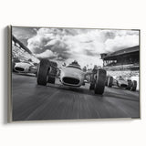 Framed canvas of vintage race cars in motion, depicted in a colorful and dynamic style.