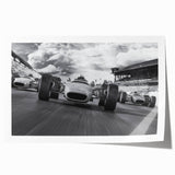 Rolled print of race cars in action, featuring bright color accents, ideal for art wall dining room.