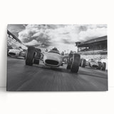Black and white print of race cars in motion on a large stretched canvas, suitable for kitchen wall art.