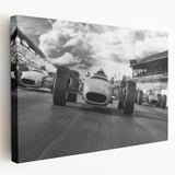 Race cars in motion on a vibrant, colorful background, printed on large stretched canvas, ideal for kitchen wall art.