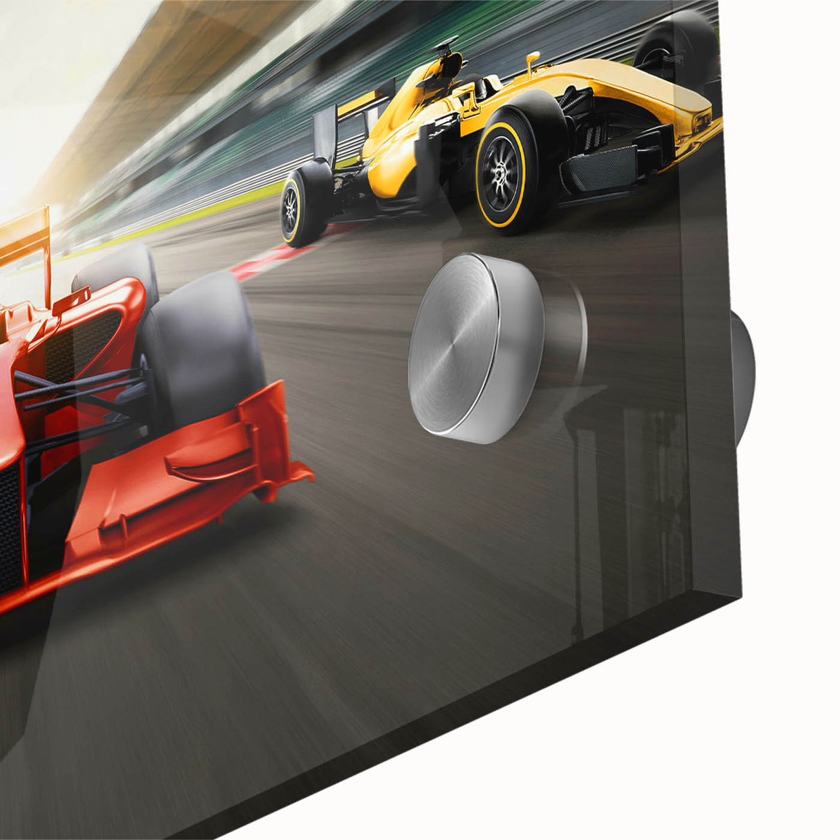 Mid-century modernist art of race cars in vivid colors on acrylic glass, ideal for dining room art.