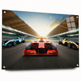 Side view of race cars in motion on acrylic glass, featuring vibrant colors, ideal for modern bedroom or dining room decor.