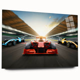 Side view of race cars in motion on acrylic glass, featuring a dynamic array of vibrant colors.