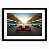 Extra large abstract art print featuring colorful, textured race cars, ideal for living room decor.