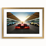 Extra large abstract art print featuring a dynamic race car scene in vibrant colors on a textured canvas.