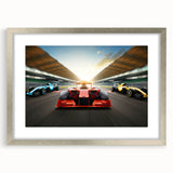 Textured art print of abstract racing cars in monochrome, displayed in a silver frame with mat, suitable for bedroom decor.