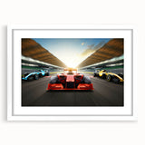 Abstract art print of race cars in motion using blurred lines and bright colors on a white framed mat.