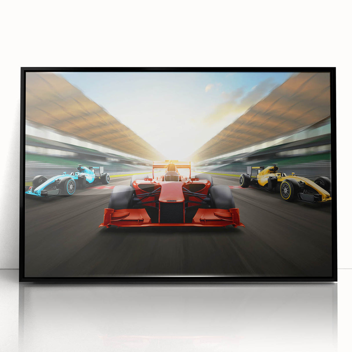 Large abstract wall art featuring race cars in motion, with a mid-century modernist style, framed in black acrylic.