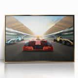 Mid-century modernist style race cars in vibrant colors on a gold-framed acrylic print, suitable for nursery wall art.