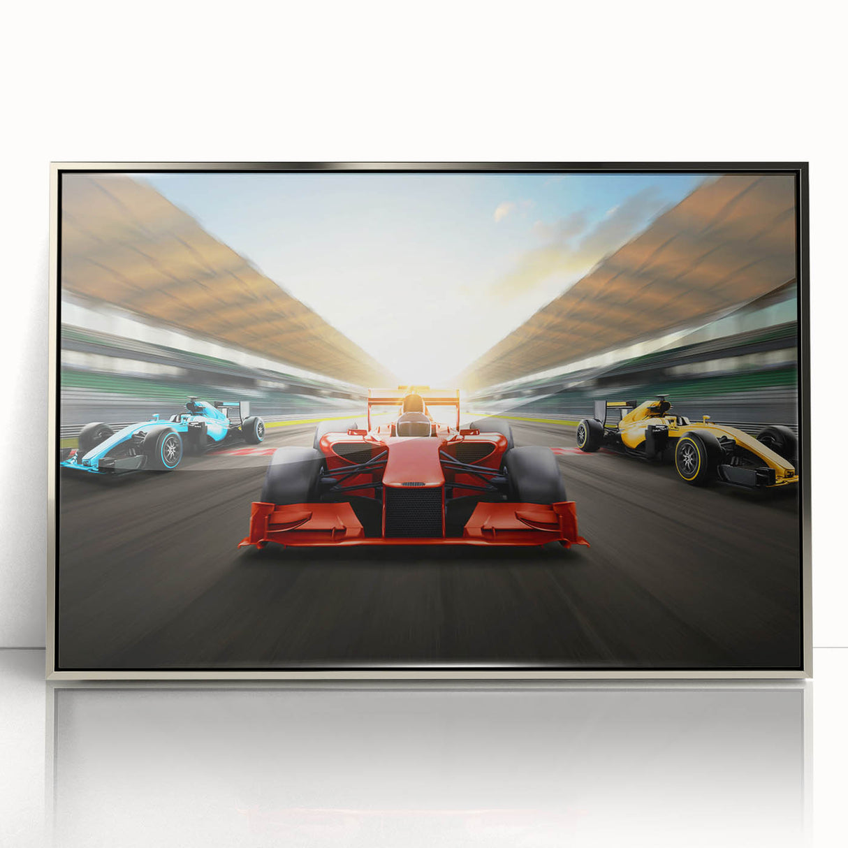 Mid-century modernist art depicting a race car scene in vibrant primary colors on a silver-framed acrylic print.