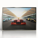 Mid-century modernist art depicting a race car scene in vibrant primary colors on a silver-framed acrylic print.