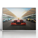 Art deco poster featuring race cars in vibrant colors on a white acrylic frame, ideal for nursery wall art.