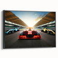 Black and white framed canvas featuring vintage race cars in motion, ideal for bedroom wall decor.