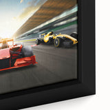 Extra large framed canvas featuring a close-up of colorful race cars on a black background.