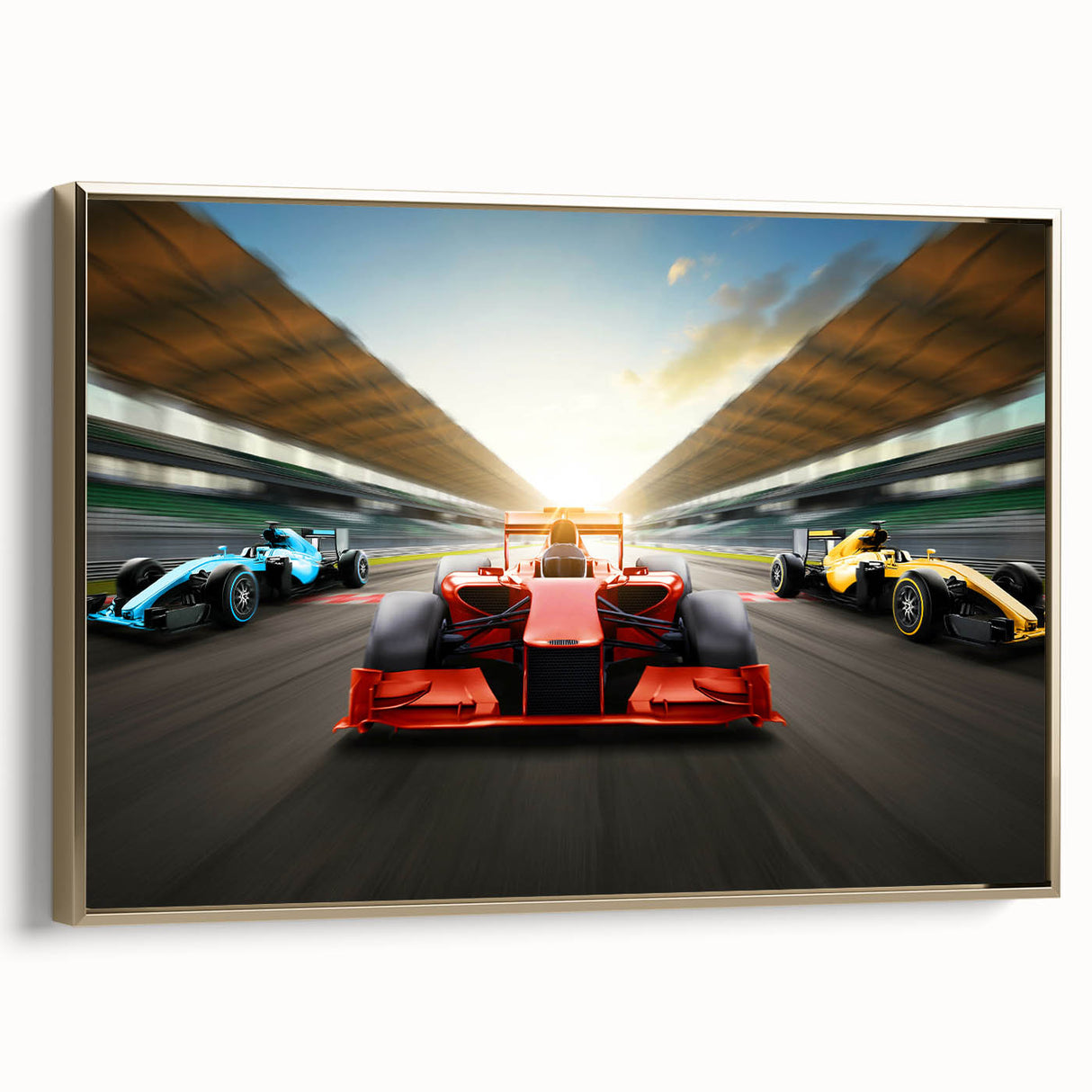 Framed canvas featuring a side view of vintage race cars in black and gold tones, suitable for bedroom wall art.