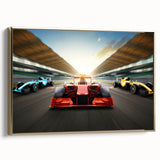 Framed canvas featuring a side view of vintage race cars in black and gold tones, suitable for bedroom wall art.